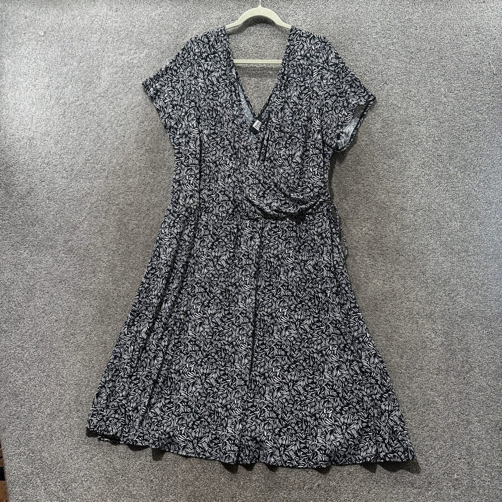Studio 1940 Faux Wrap Midi Dress Women 24W Black Abstract Print Short Sleeve